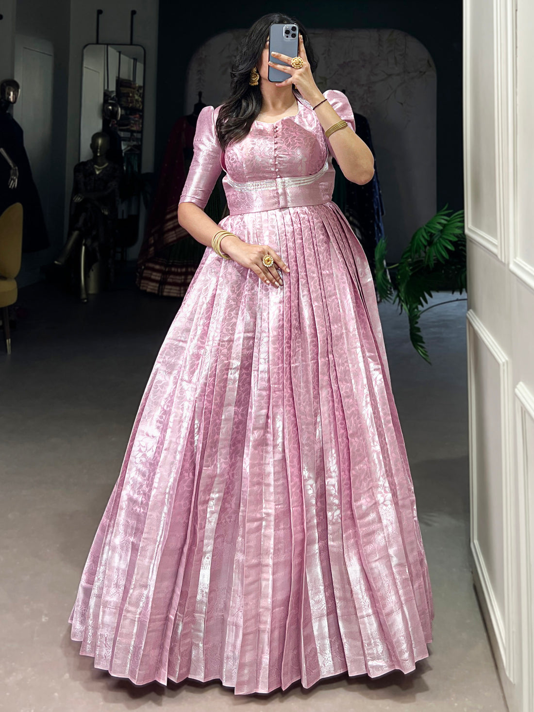 Dazzling Baby Pink Zari Weaving Silk Festival Wear Gown With Koti