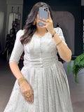 Attractive Off-White Zari Weaving Silk Event Wear Gown With Koti