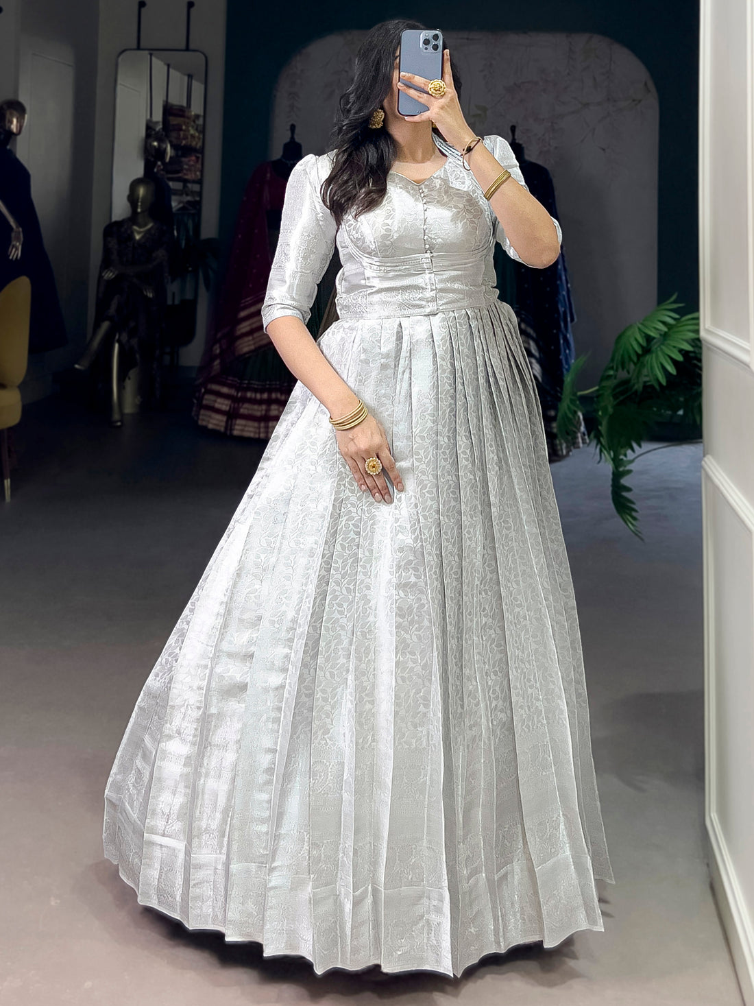 Attractive Off-White Zari Weaving Silk Event Wear Gown With Koti