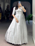 Attractive Off-White Zari Weaving Silk Event Wear Gown With Koti
