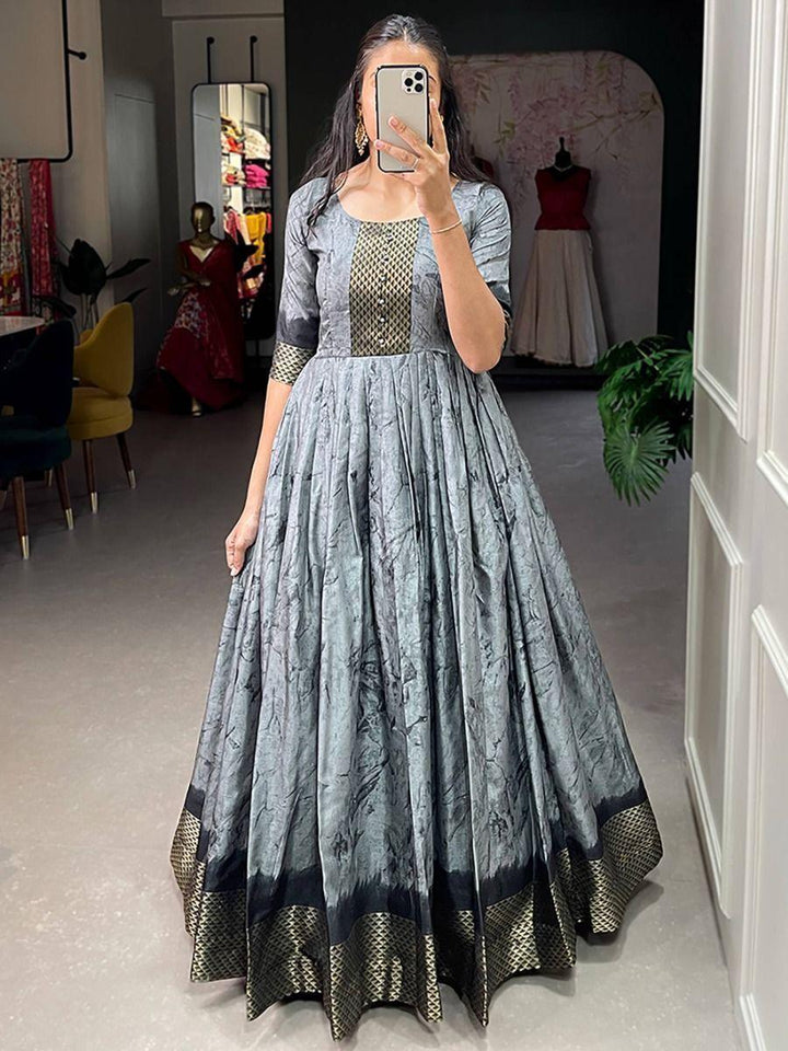 Glamorous Grey Shibori Print Silk Readymade Festival Wear Gown