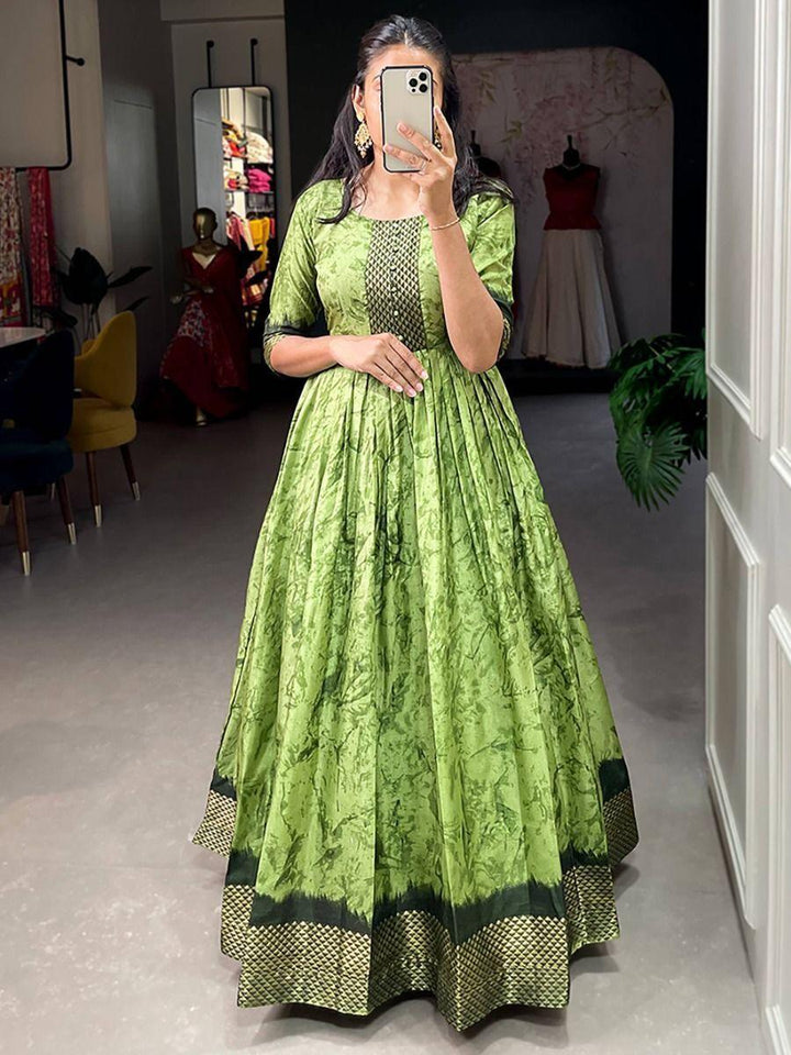 Adorable Green Shibori Print Silk Readymade Festival Wear Gown