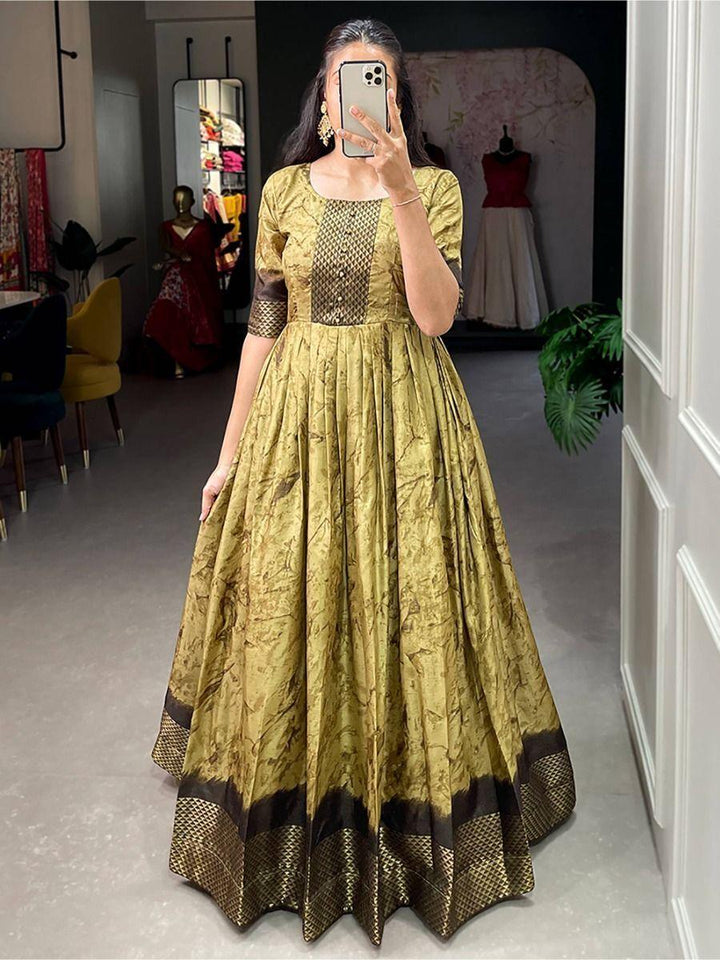Alluring Mehendi Green Shibori Print Silk Readymade Classic Gown