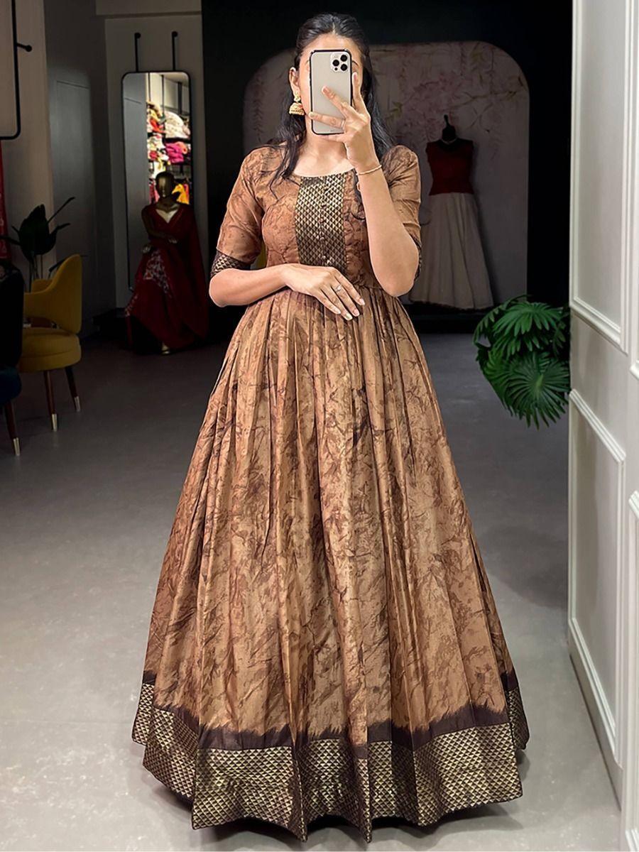 Precious Brown Shibori Print Silk Readymade Event Wear Gown