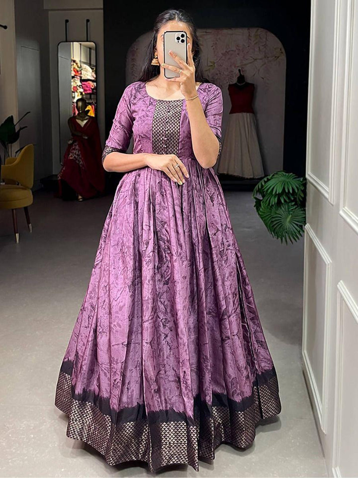 Charming Purple Shibori Print Silk Readymade Traditional Gown