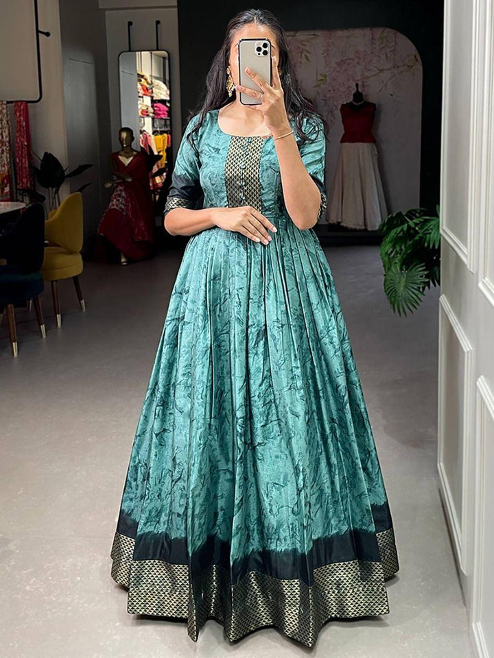 Glamorous Teal Blue Shibori Print Silk Readymade Wedding Wear Gown