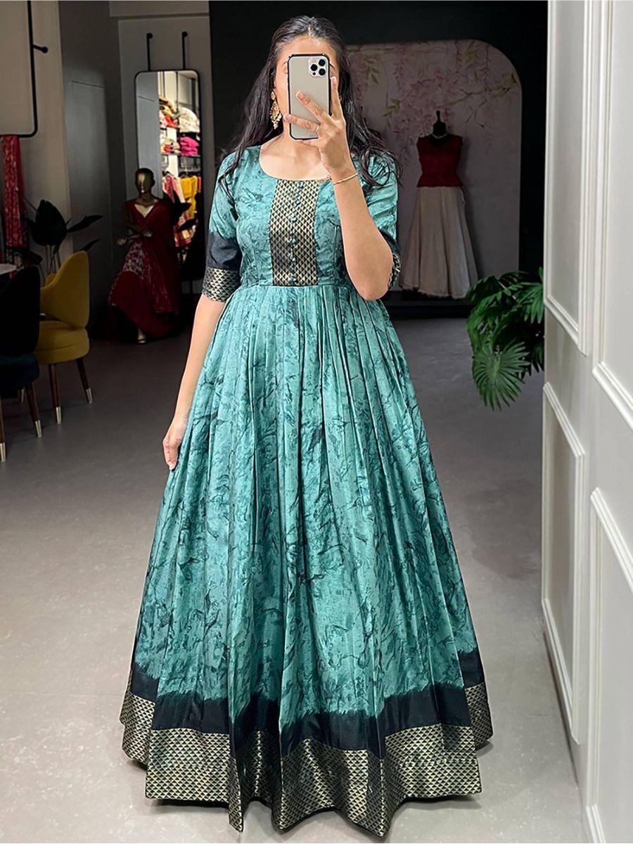 Glamorous Teal Blue Shibori Print Silk Readymade Wedding Wear Gown