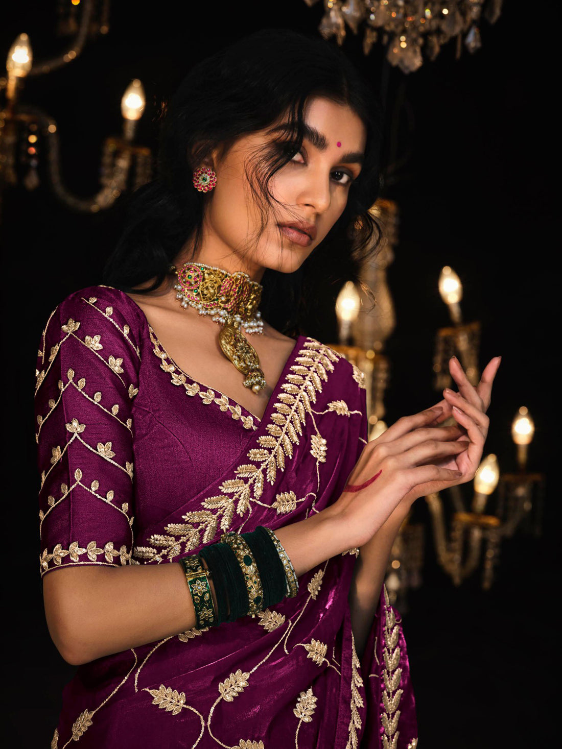 Gorgeous Wine Embroidered Tissue Silk Wedding Saree With Blouse