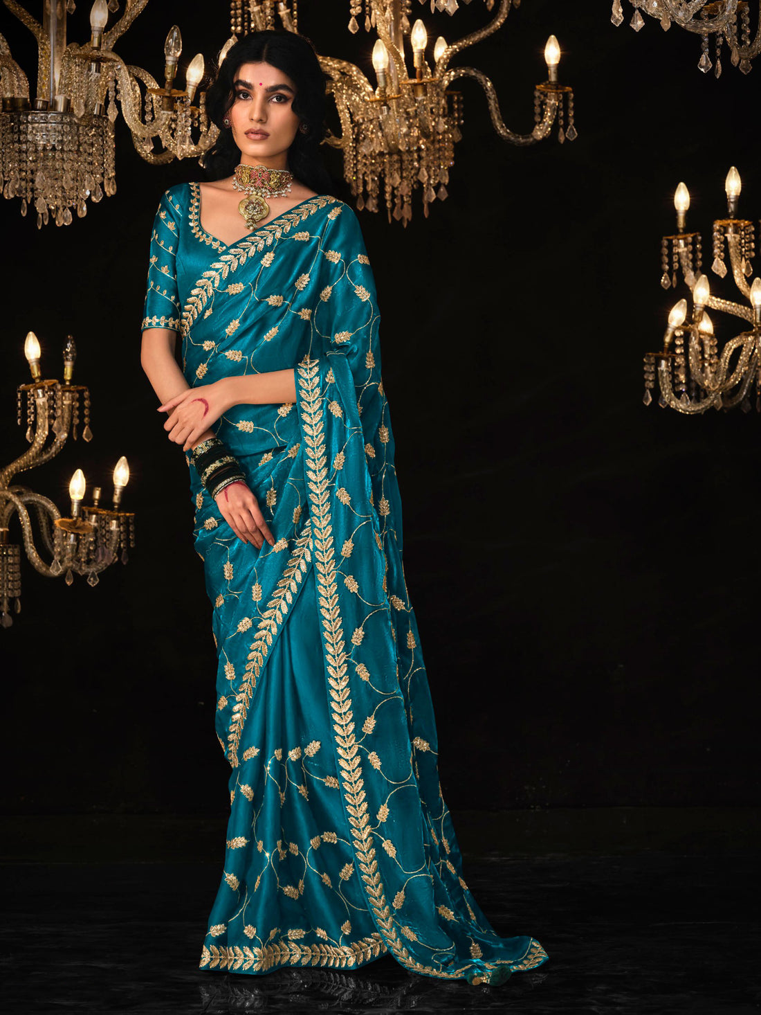 Enchanting Sky-Blue Embroidered Tissue Silk Saree With Blouse