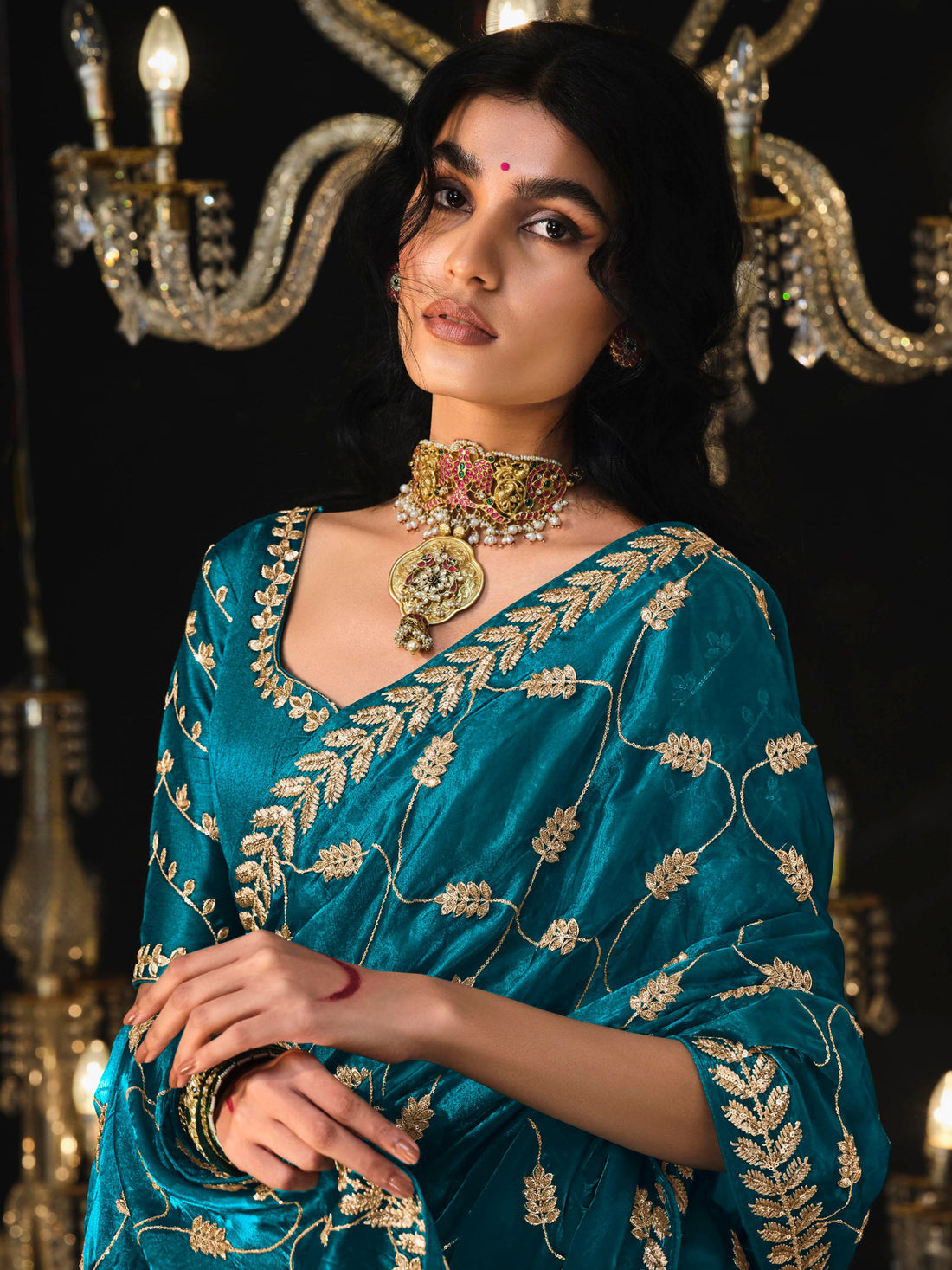 Enchanting Sky-Blue Embroidered Tissue Silk Saree With Blouse