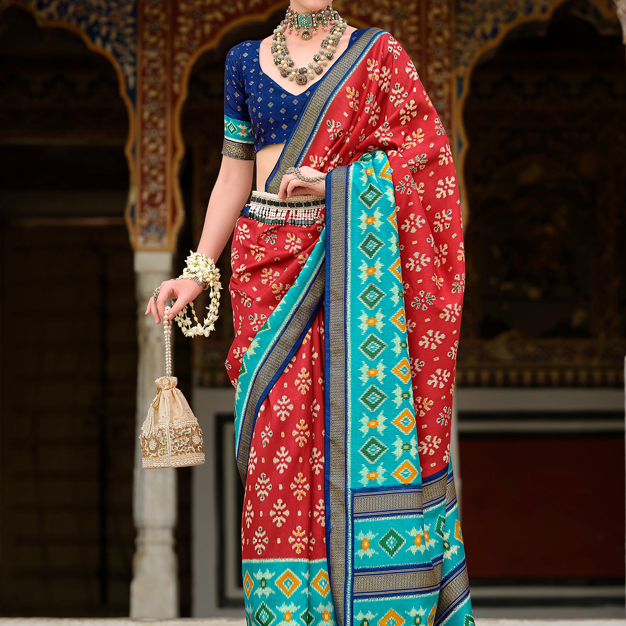 Marvelous Red Printed Silk Traditional Saree With Blouse