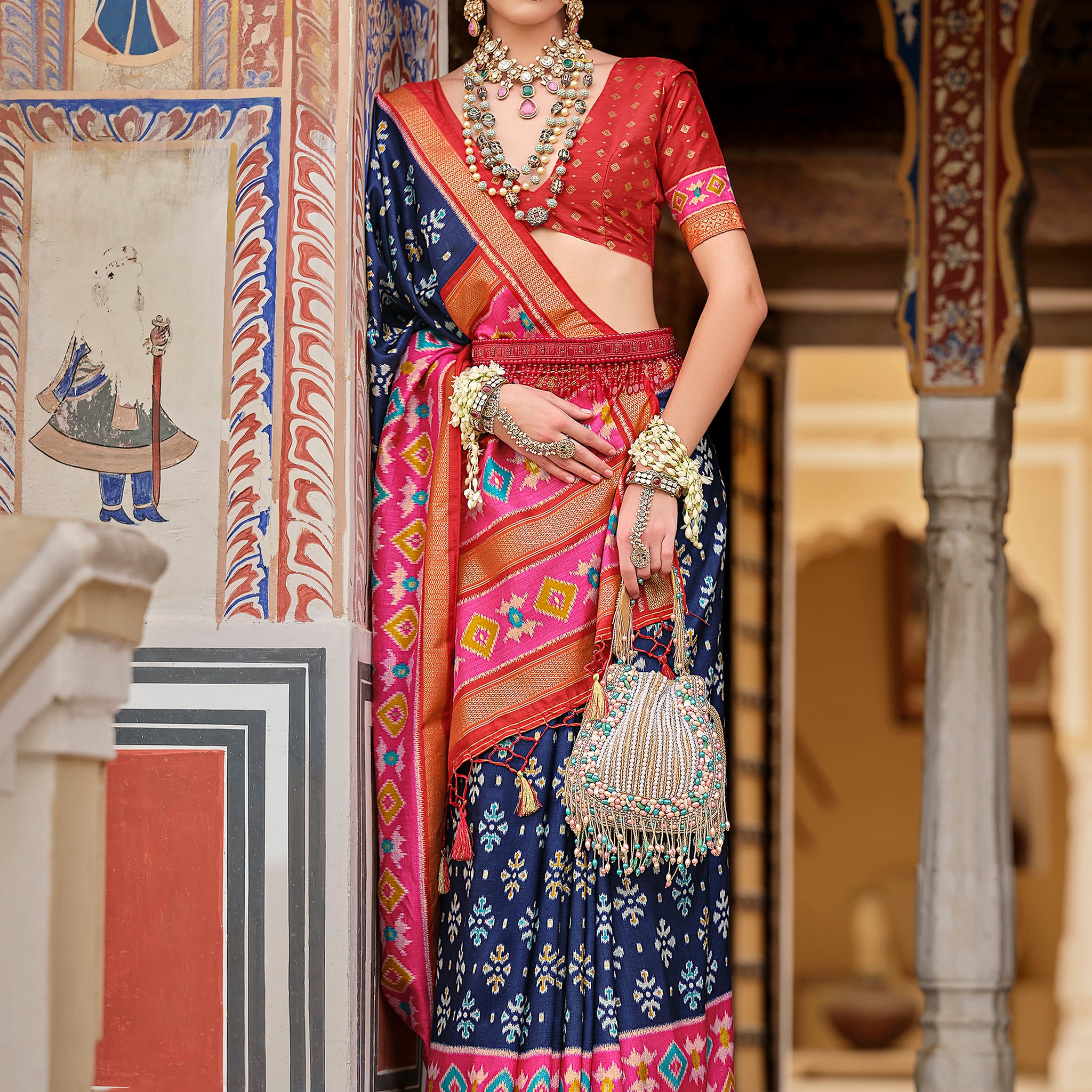 Awesome Navy Blue Printed Silk Festival Wear Saree With Blouse
