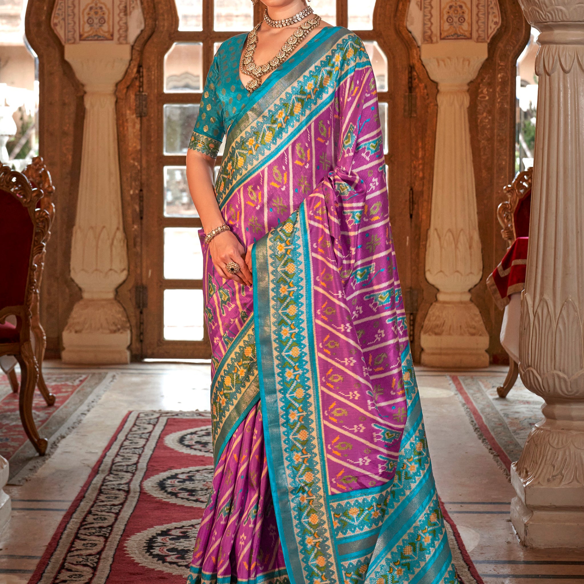 Spectacular Light Purple Patola Printed Silk Festival Wear Saree With Blouse