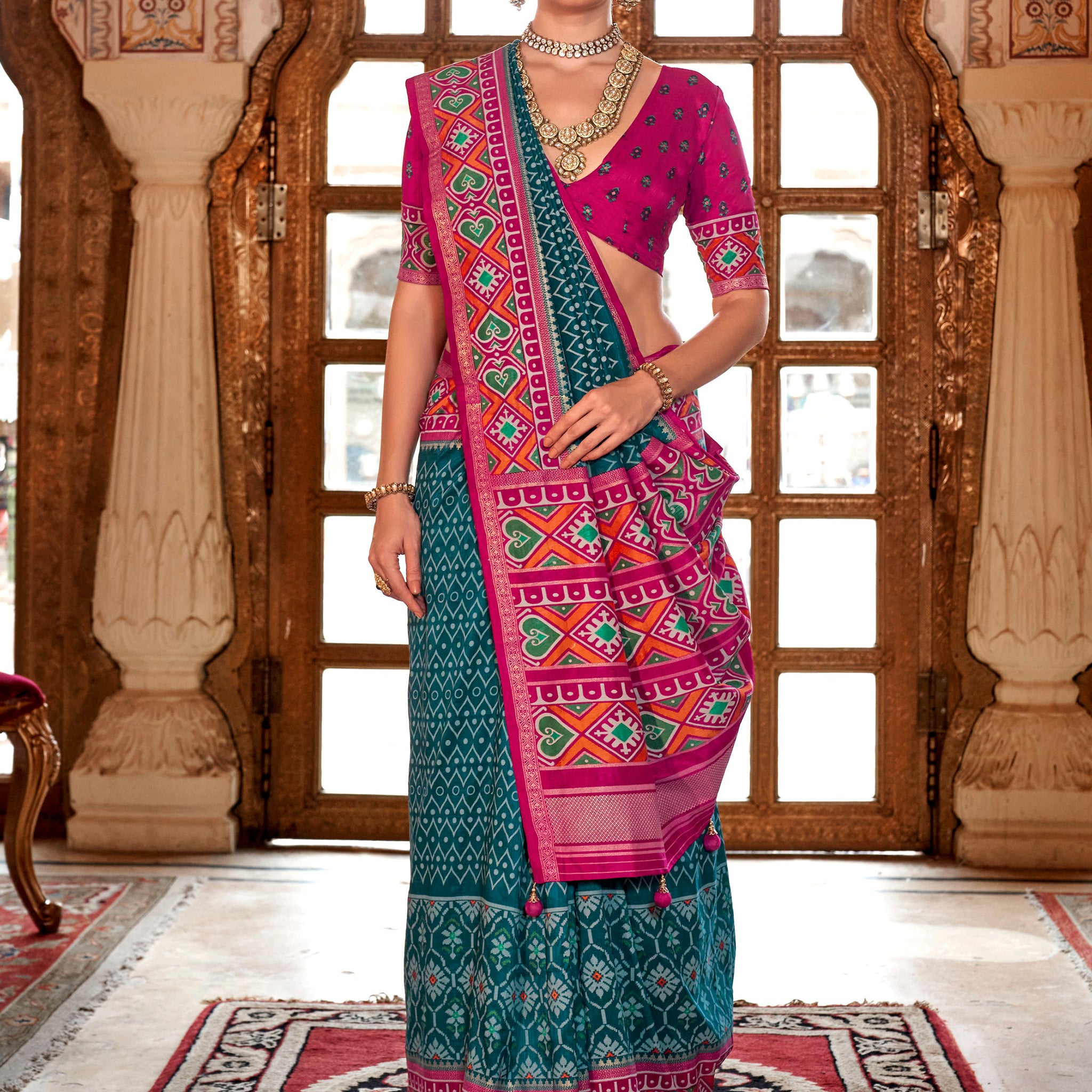 Beautiful Teal Blue Patola Printed Silk Festival Wear Saree With Blouse