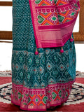 Beautiful Teal Blue Patola Printed Silk Festival Wear Saree With Blouse