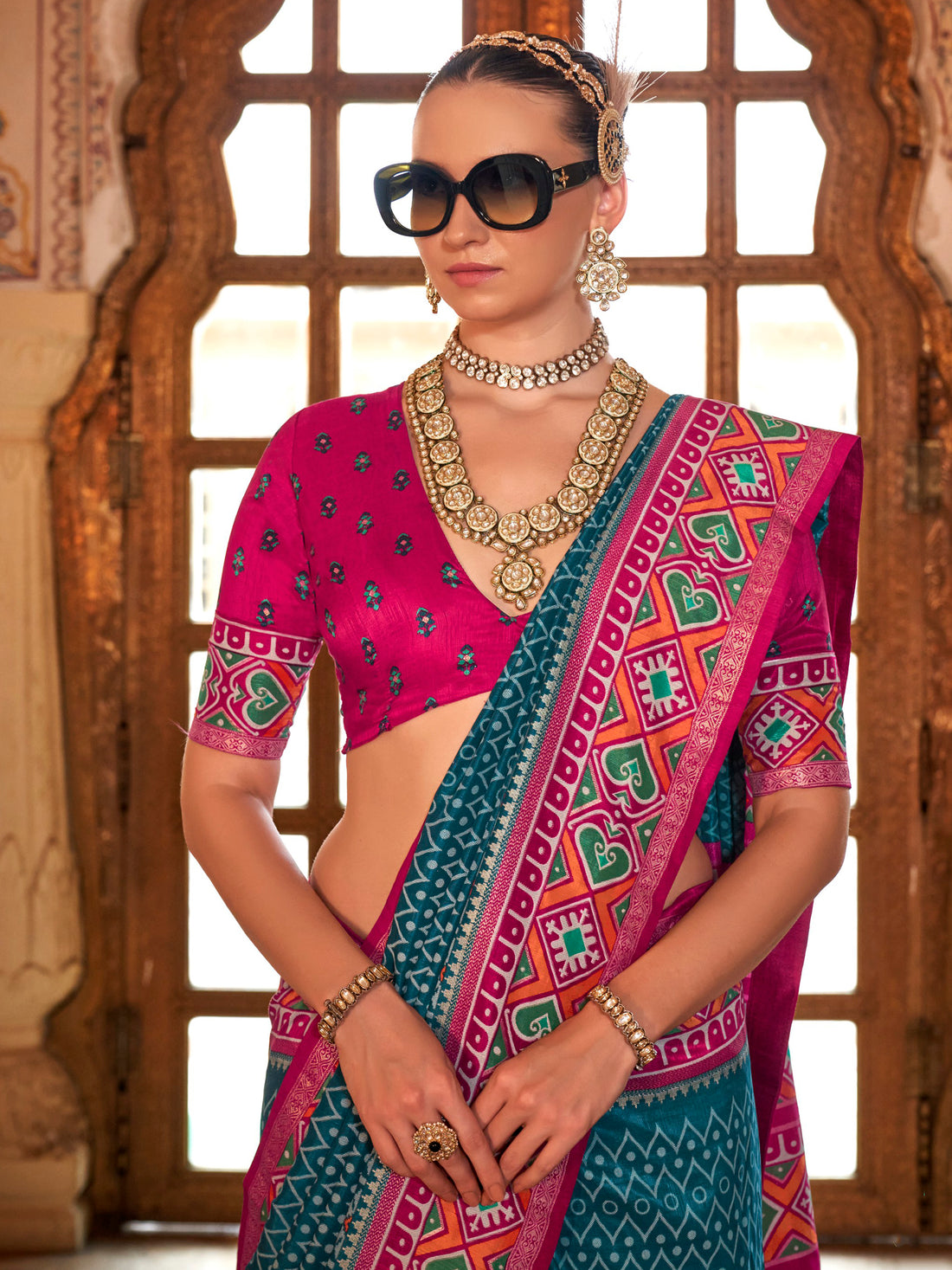 Beautiful Teal Blue Patola Printed Silk Festival Wear Saree With Blouse
