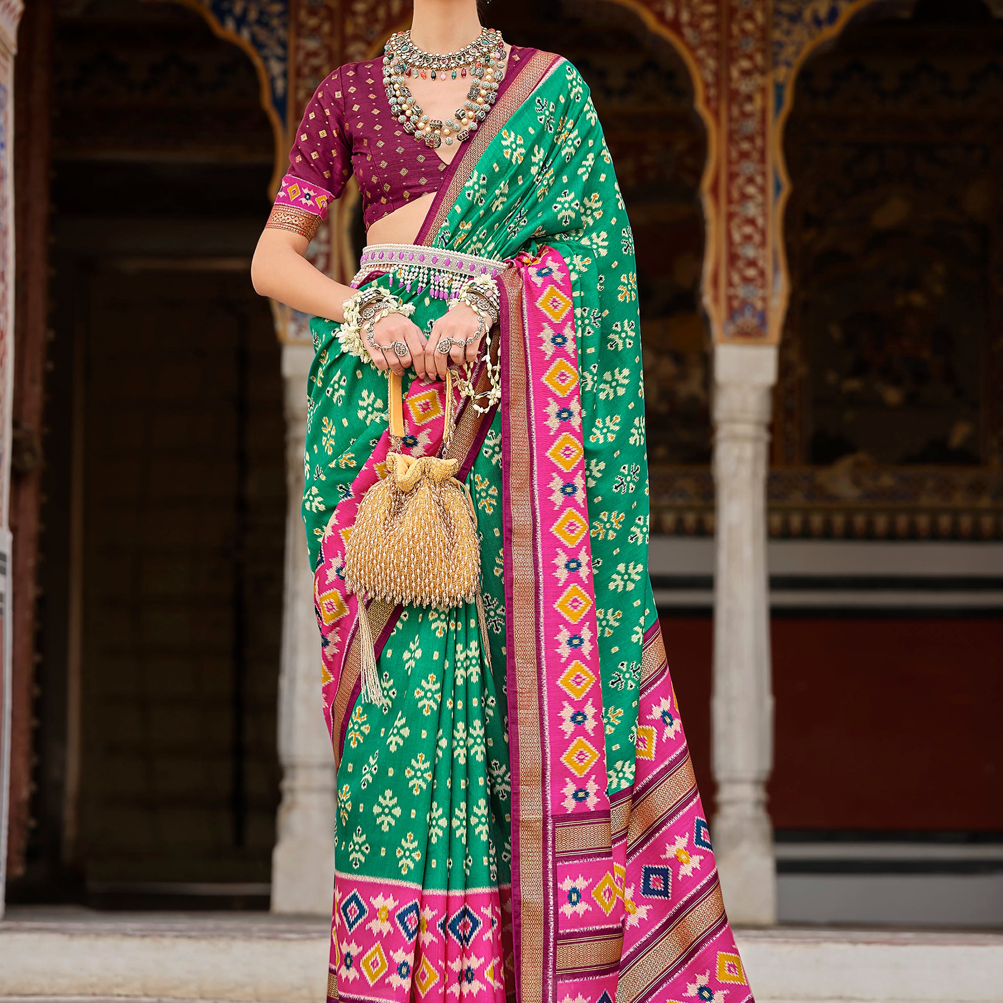 Incredible Teal Green Printed Silk Festival Wear Saree With Blouse