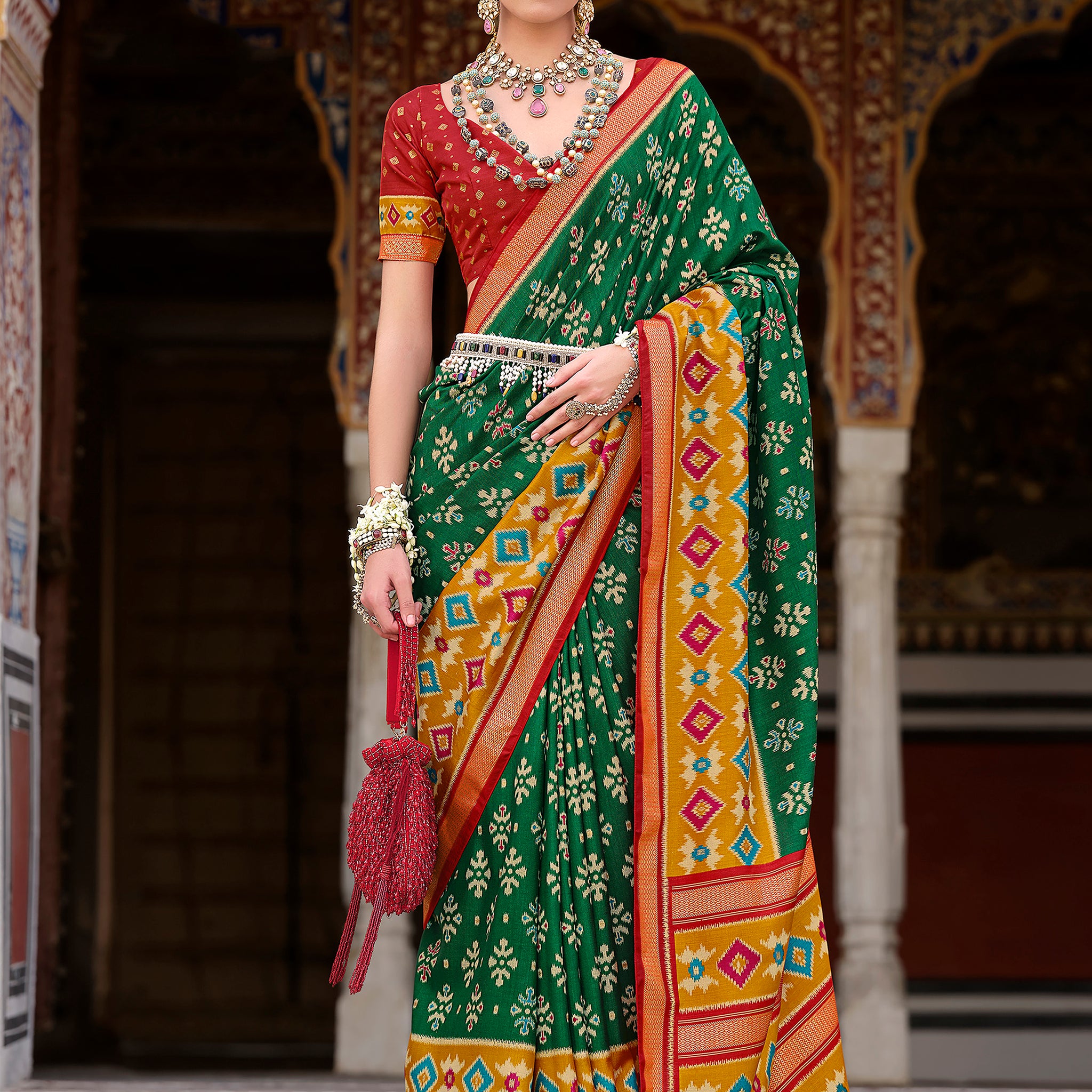 Amazing Green Printed Silk Event Wear Saree With Blouse