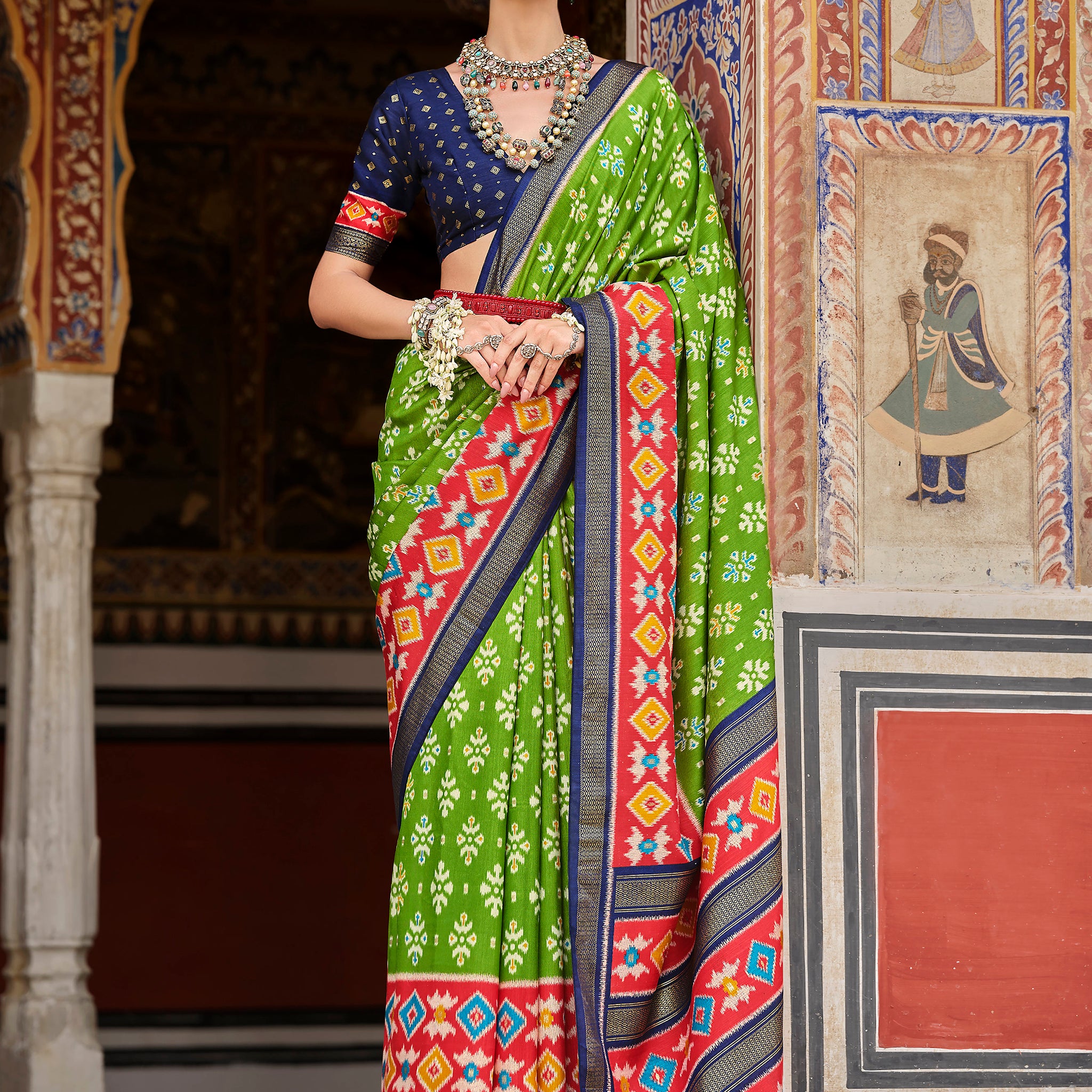 Fantastic Green Printed Silk Traditional Saree With Blouse