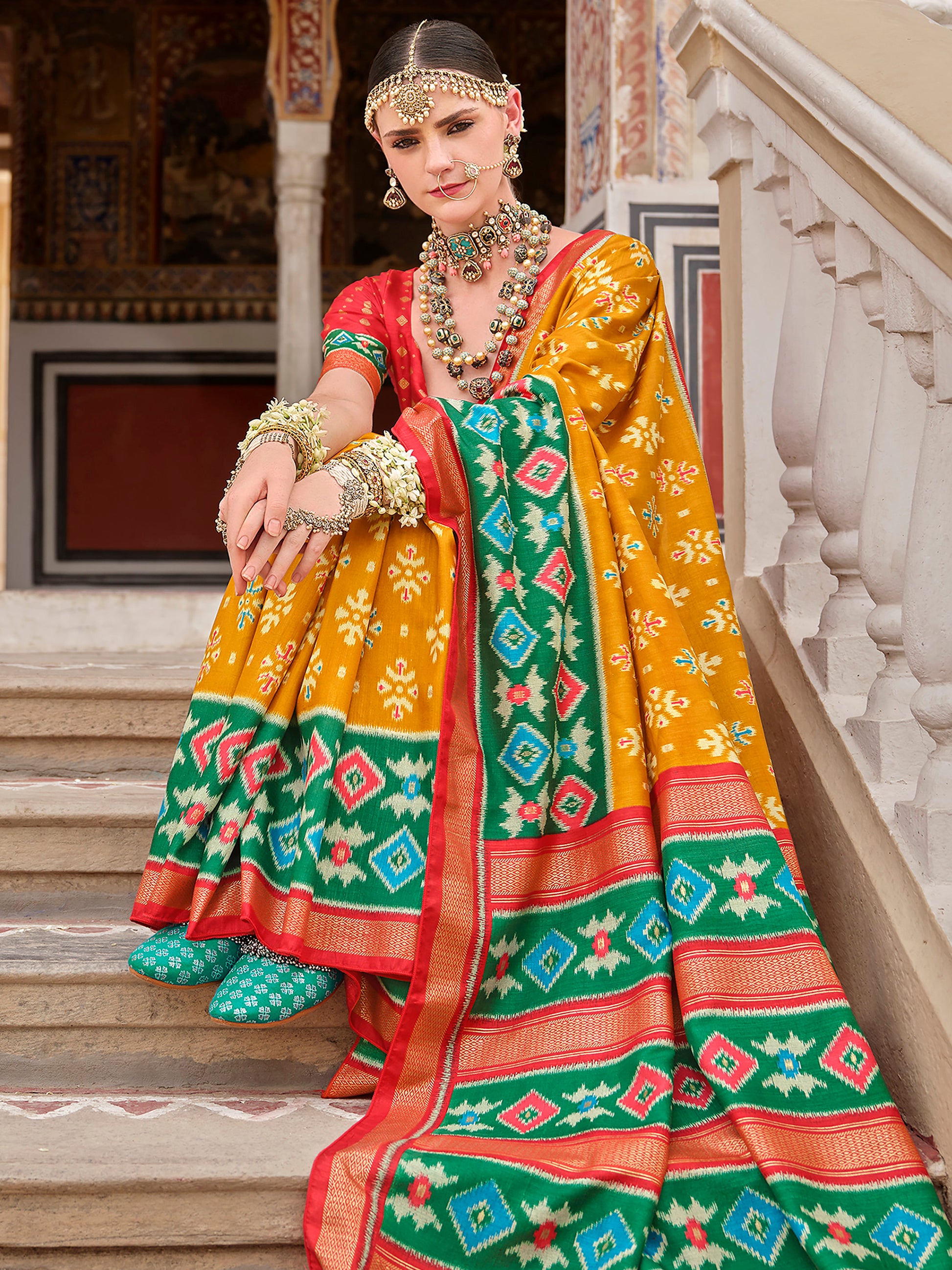 Excellent Yellow Printed Silk Haldi Wear Saree With Blouse