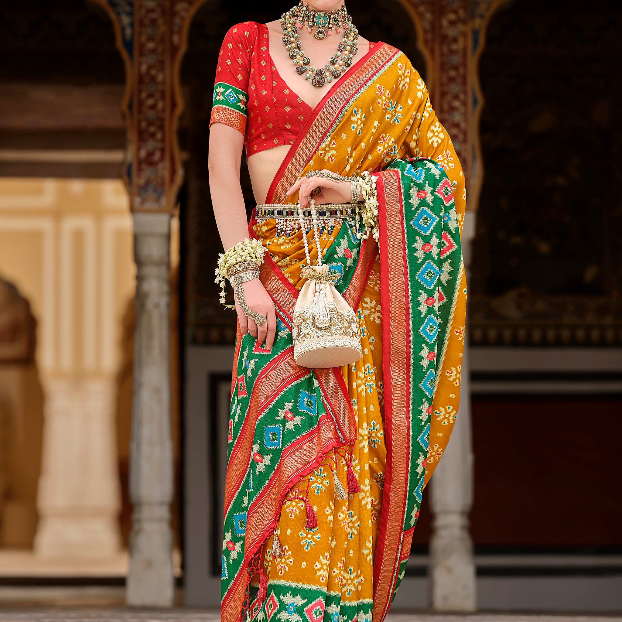 Excellent Yellow Printed Silk Haldi Wear Saree With Blouse