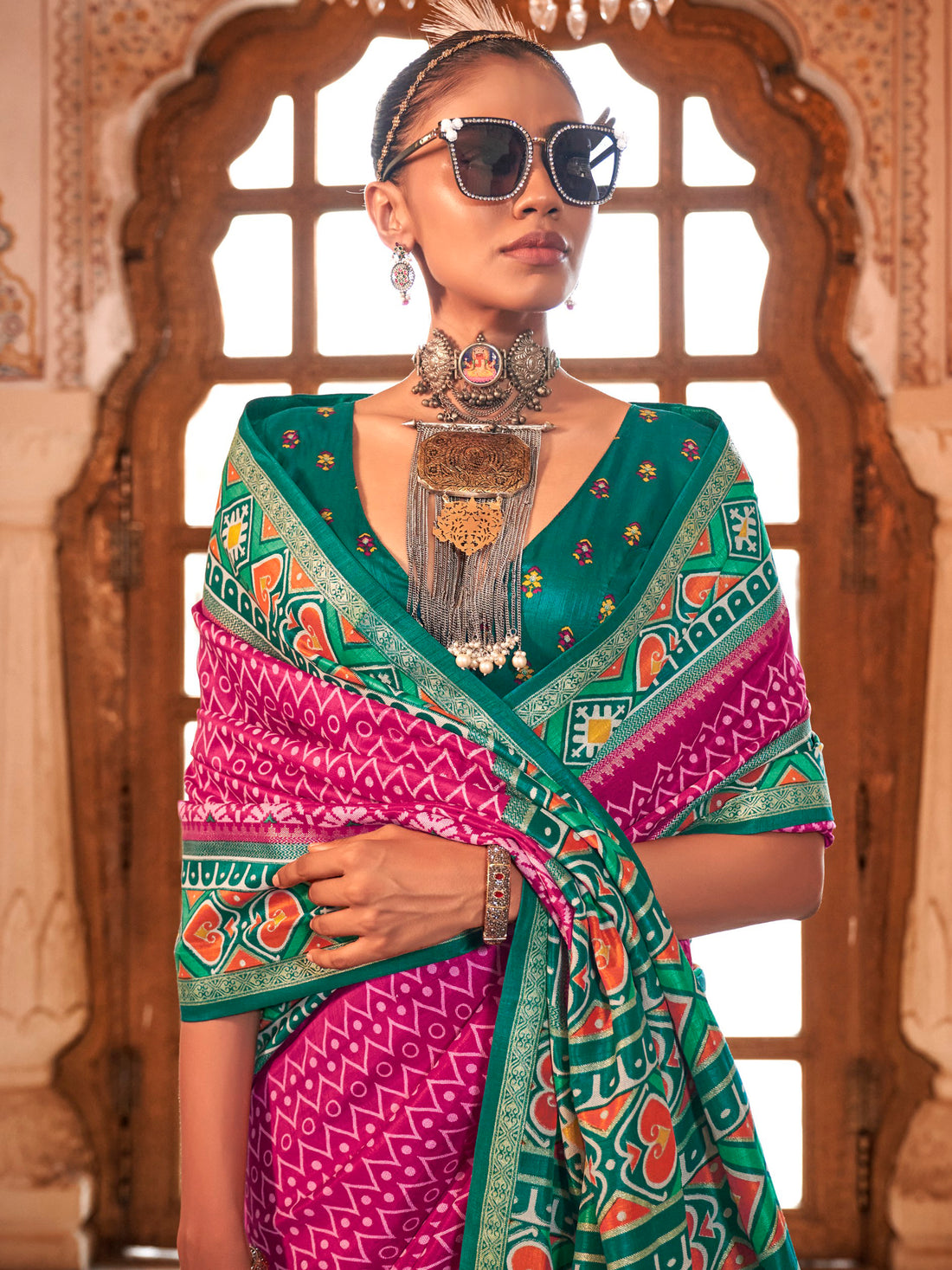 Gorgeous Pink Patola Printed Silk Event Wear Saree With Blouse