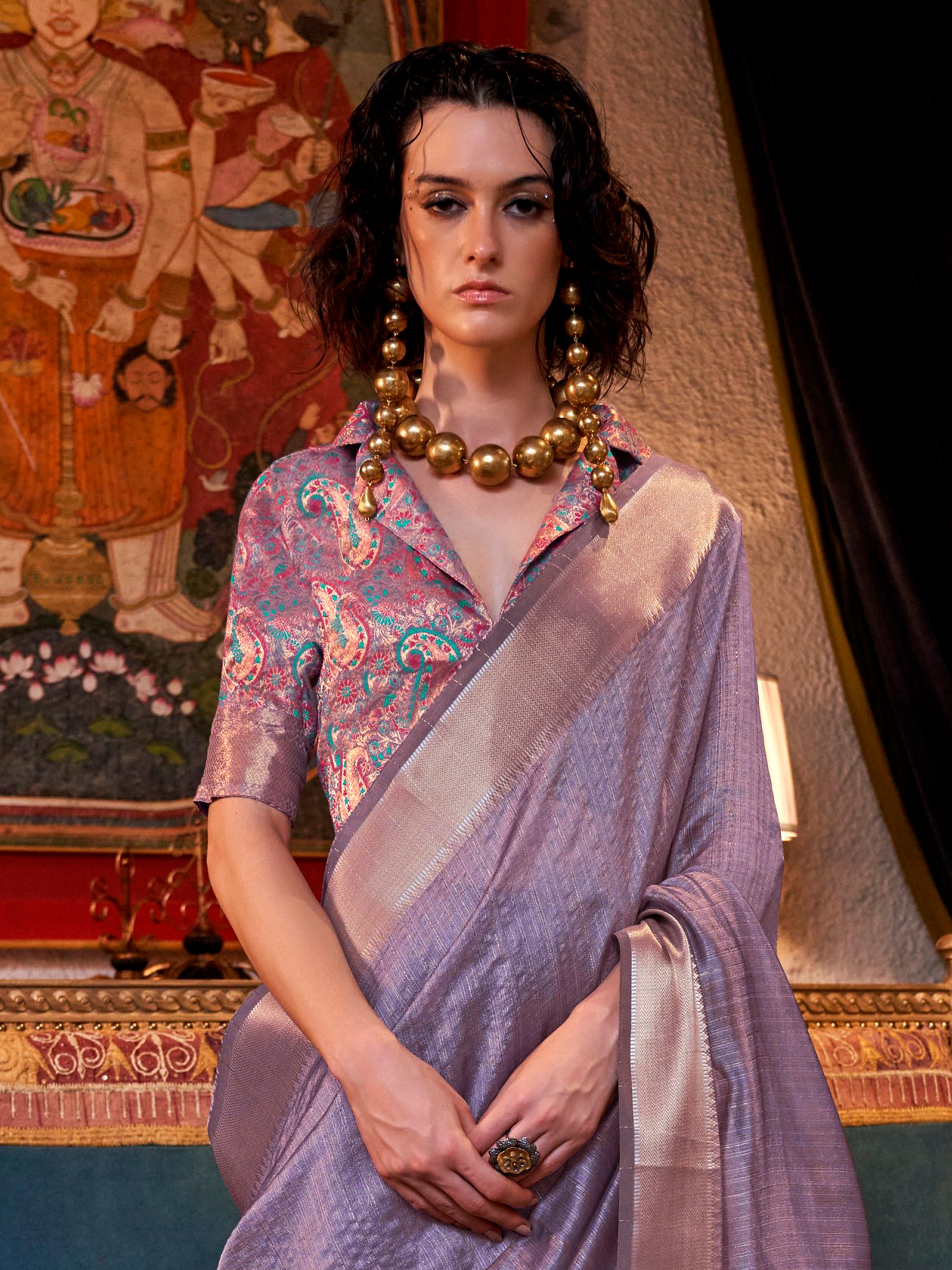 Bewitching Lavender Weaving Event Wear Saree With Blouse