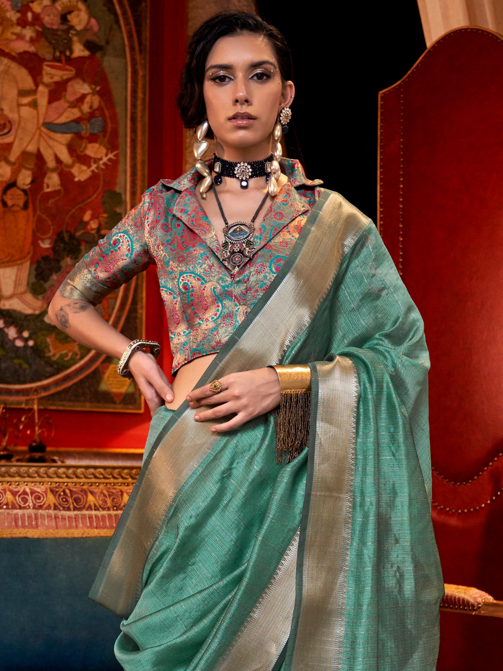 Glamorous Sea Green Zari Weaving Chiffon Festival Wear Saree