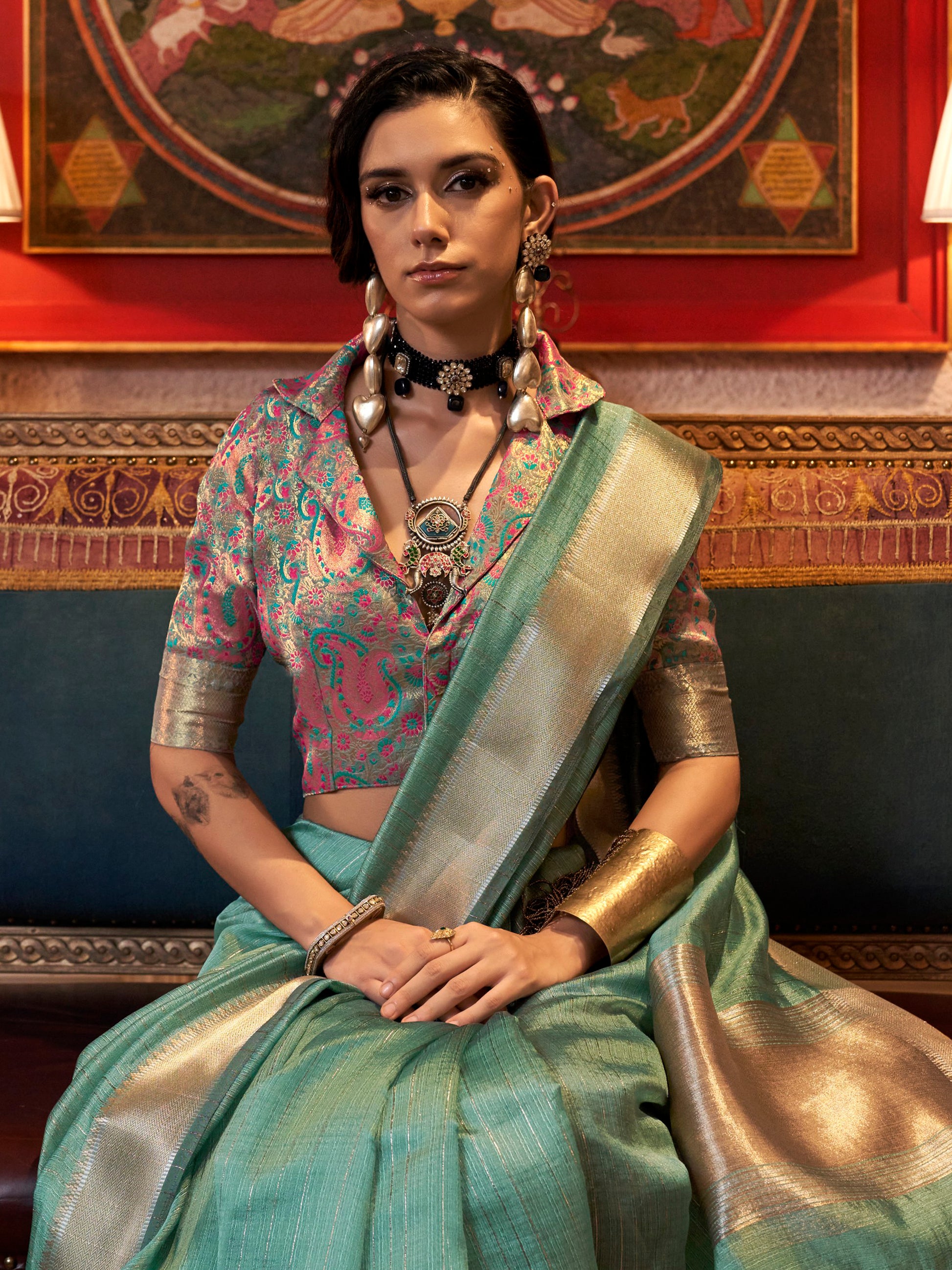 Glamorous Sea Green Zari Weaving Chiffon Festival Wear Saree
