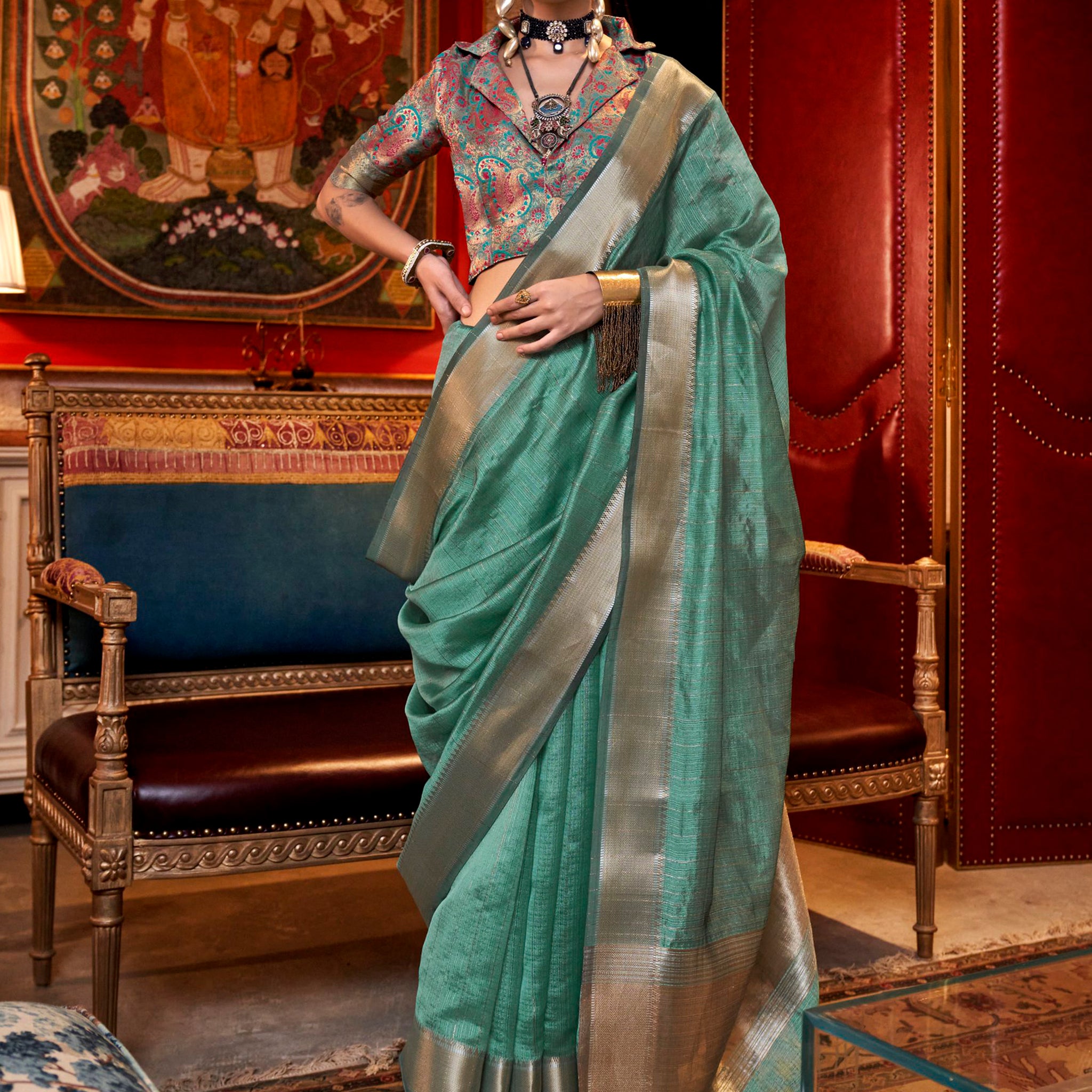 Glamorous Sea Green Zari Weaving Chiffon Festival Wear Saree
