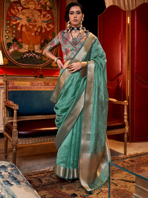 Glamorous Sea Green Zari Weaving Chiffon Festival Wear Saree