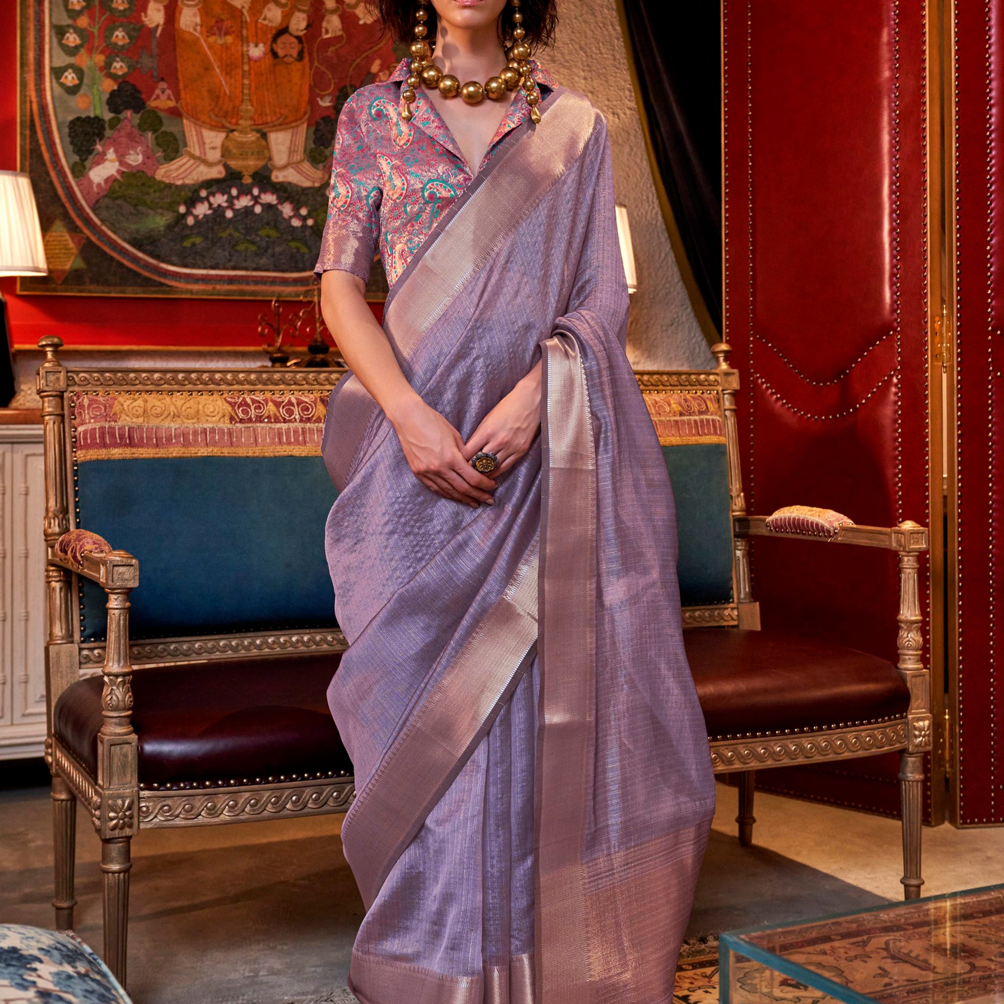 Bewitching Lavender Weaving Event Wear Saree With Blouse