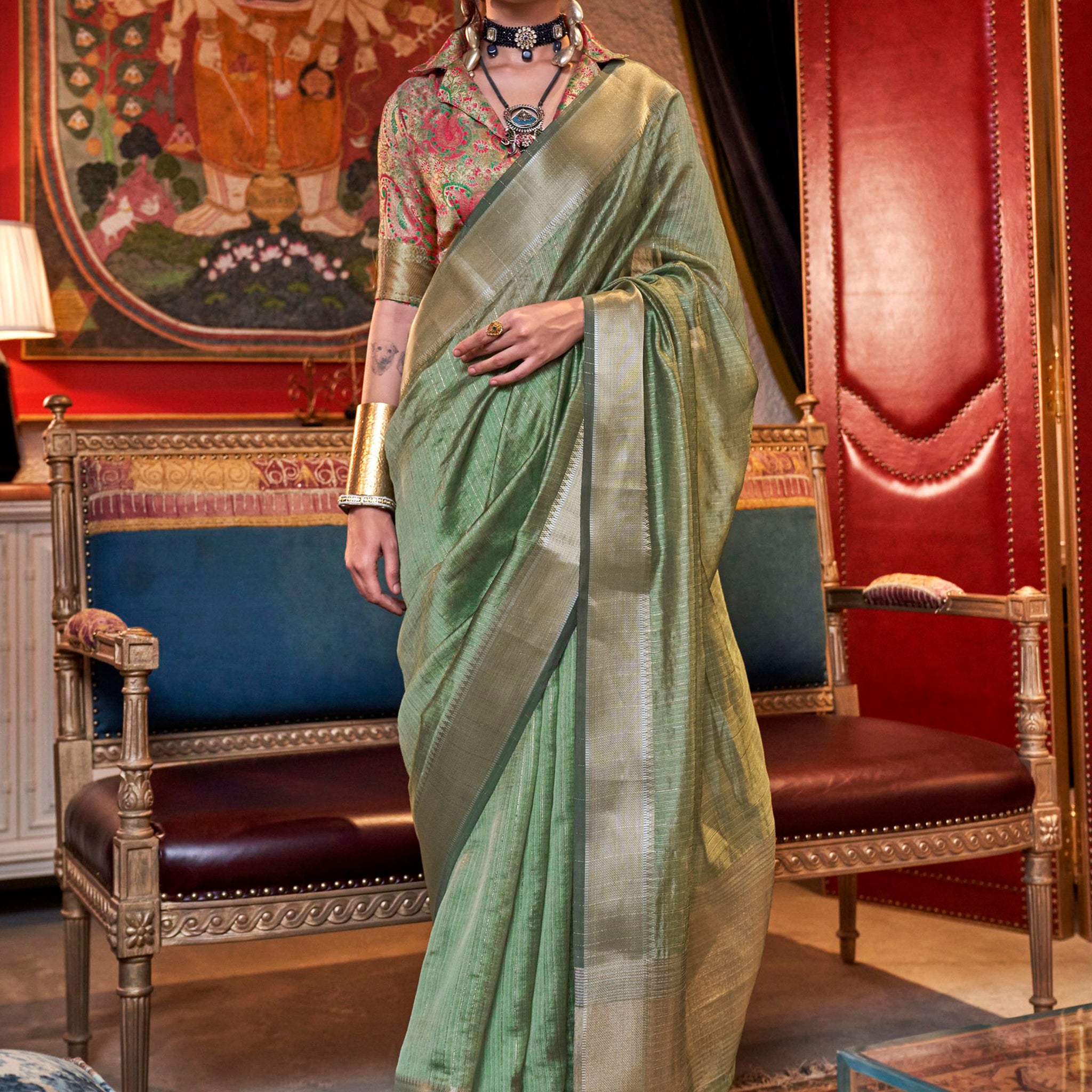 Incredible Olive Green Zari Weaving Chiffon Saree With Blouse