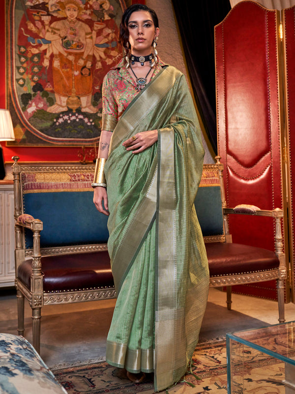 Incredible Olive Green Zari Weaving Chiffon Saree With Blouse