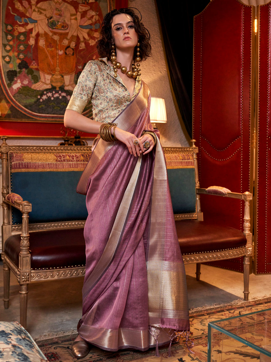 Adorable Mauve Weaving Chiffon Event Wear Saree With Blouse