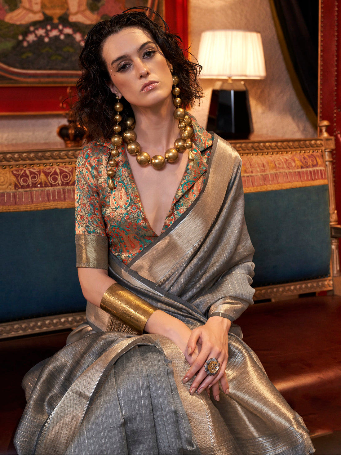 Astonishing Grey Weaving Chiffon Traditional Saree With Blouse