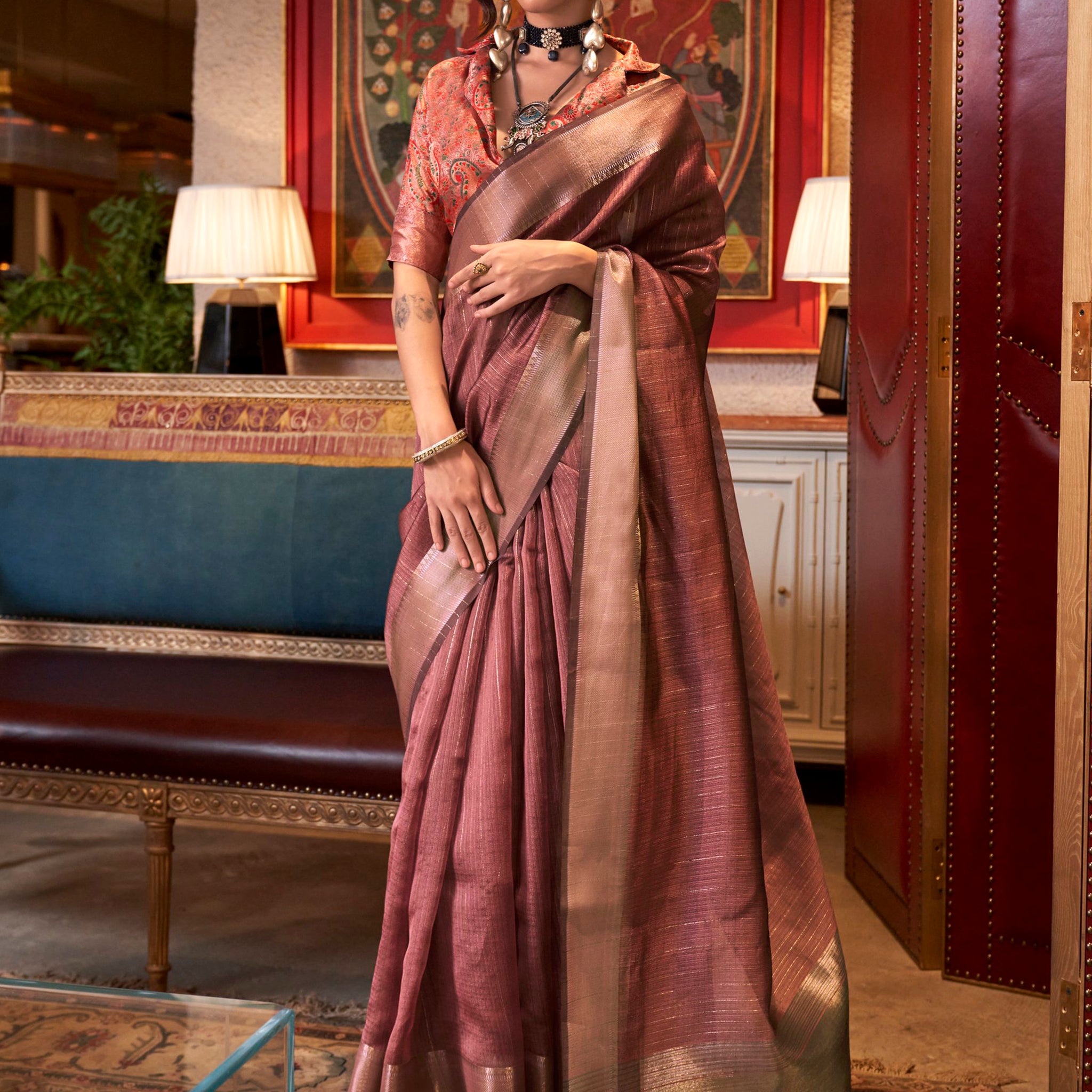 Alluring Pink Zari Weaving Traditional Wear Saree With Blouse