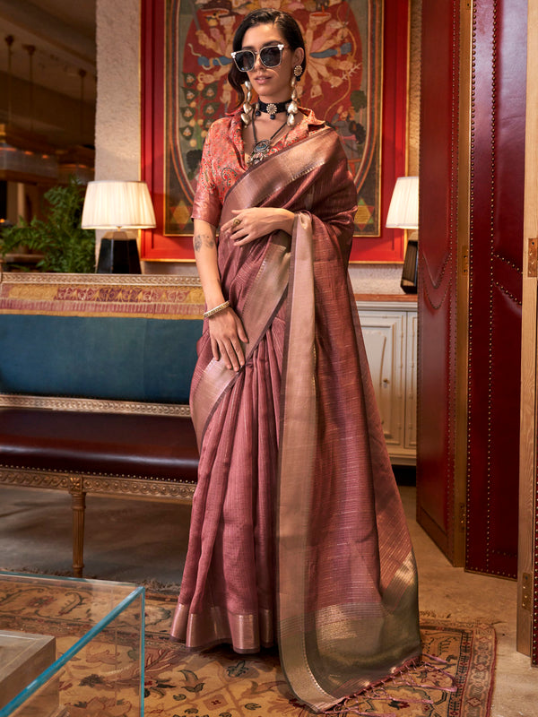 Alluring Pink Zari Weaving Traditional Wear Saree With Blouse
