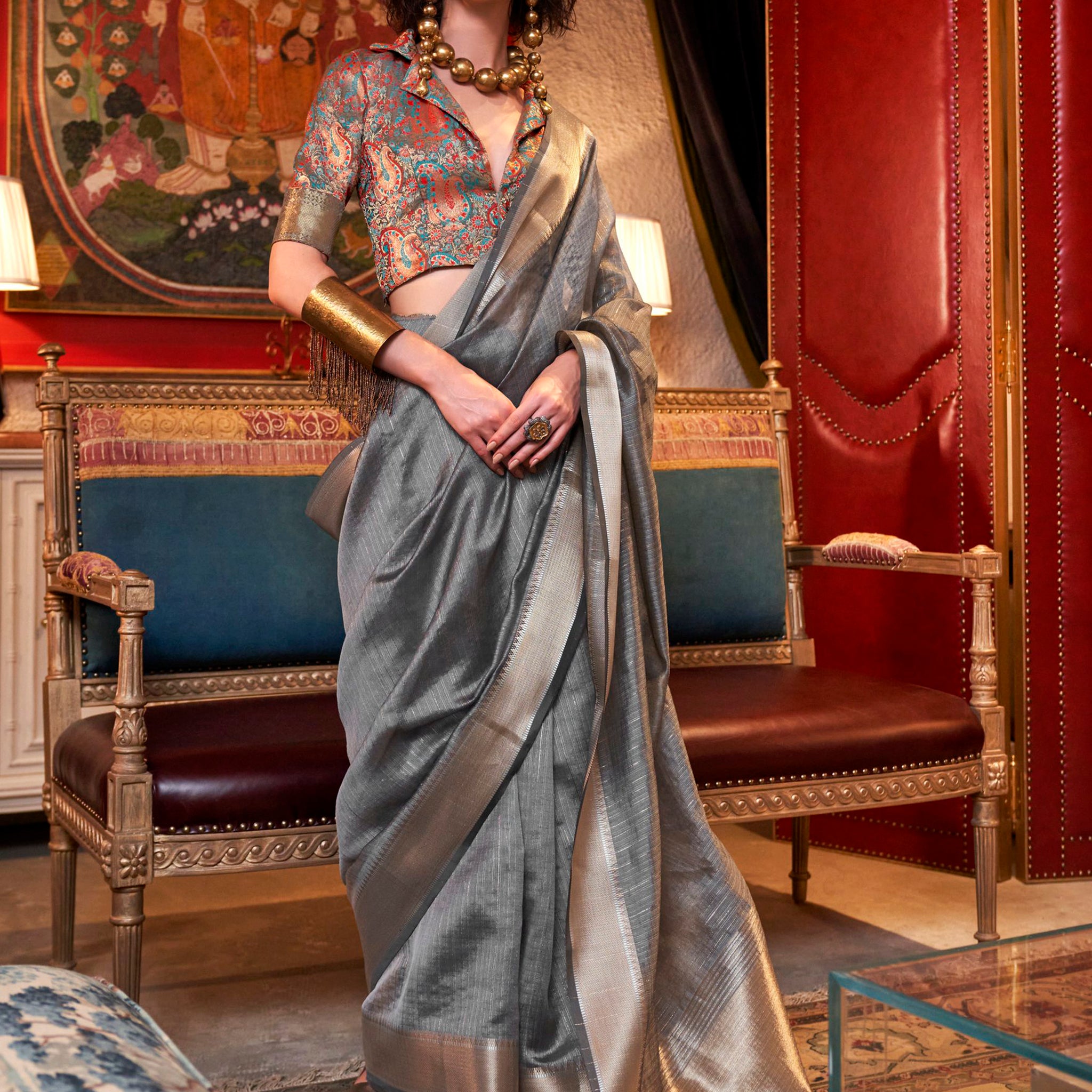 Astonishing Grey Weaving Chiffon Traditional Saree With Blouse