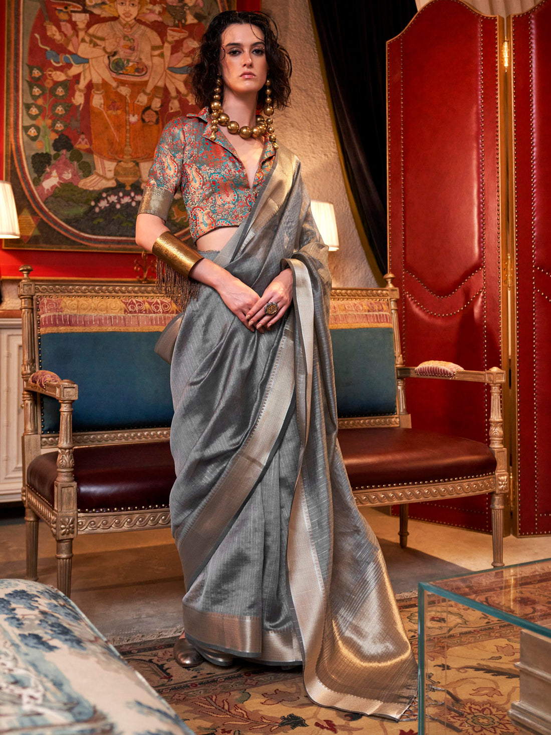 Astonishing Grey Weaving Chiffon Traditional Saree With Blouse