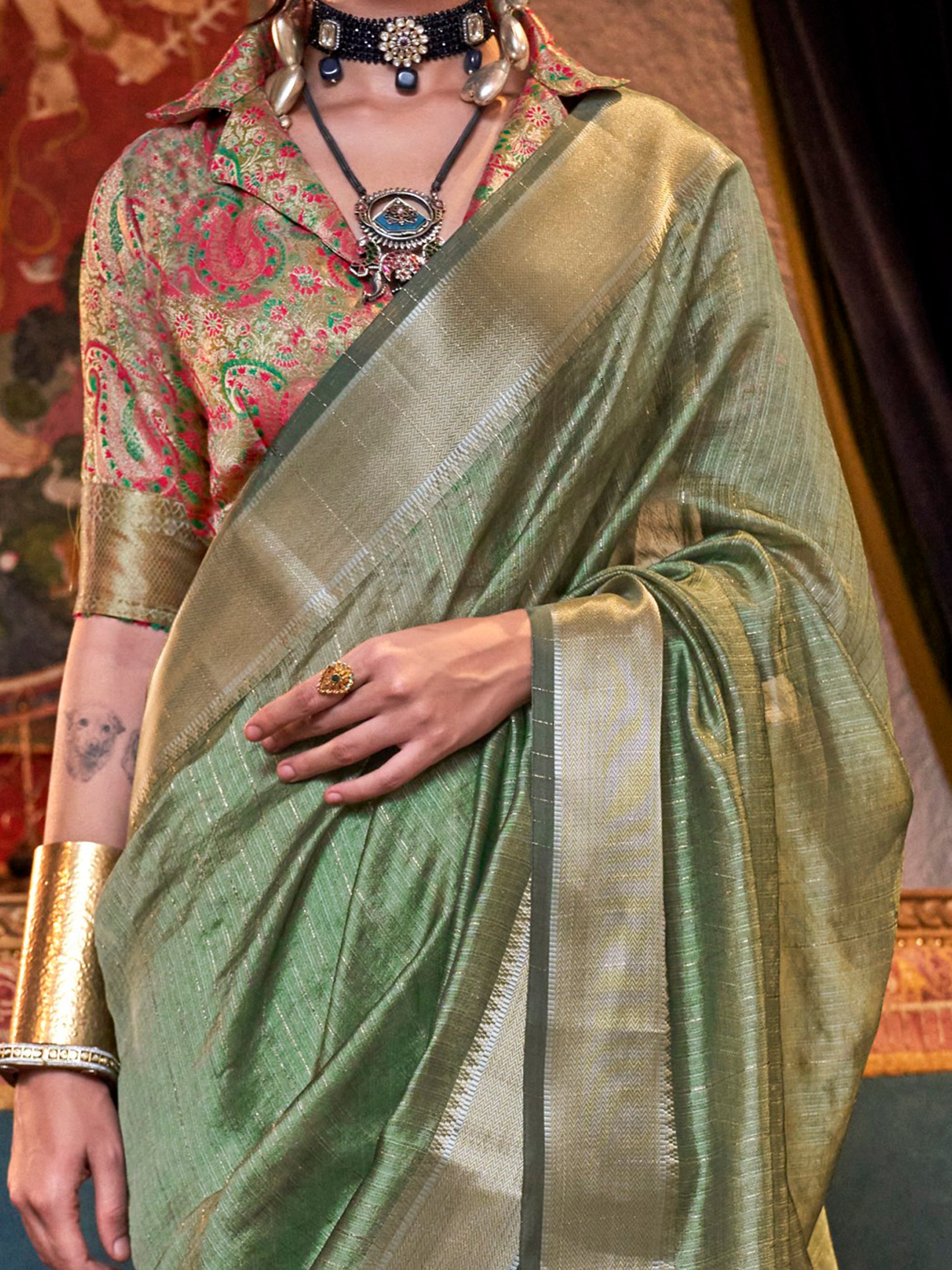 Incredible Olive Green Zari Weaving Chiffon Saree With Blouse