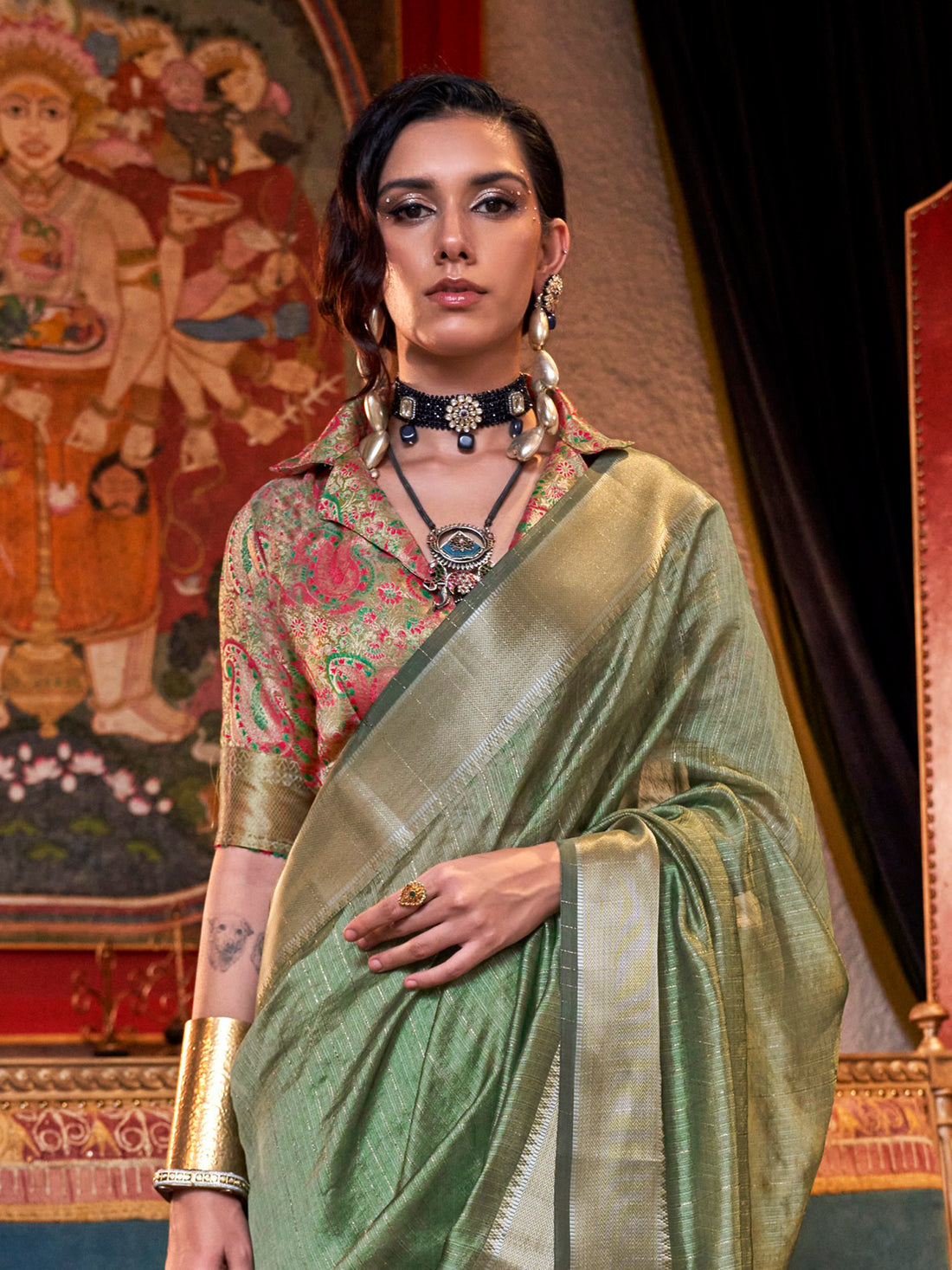 Incredible Olive Green Zari Weaving Chiffon Saree With Blouse