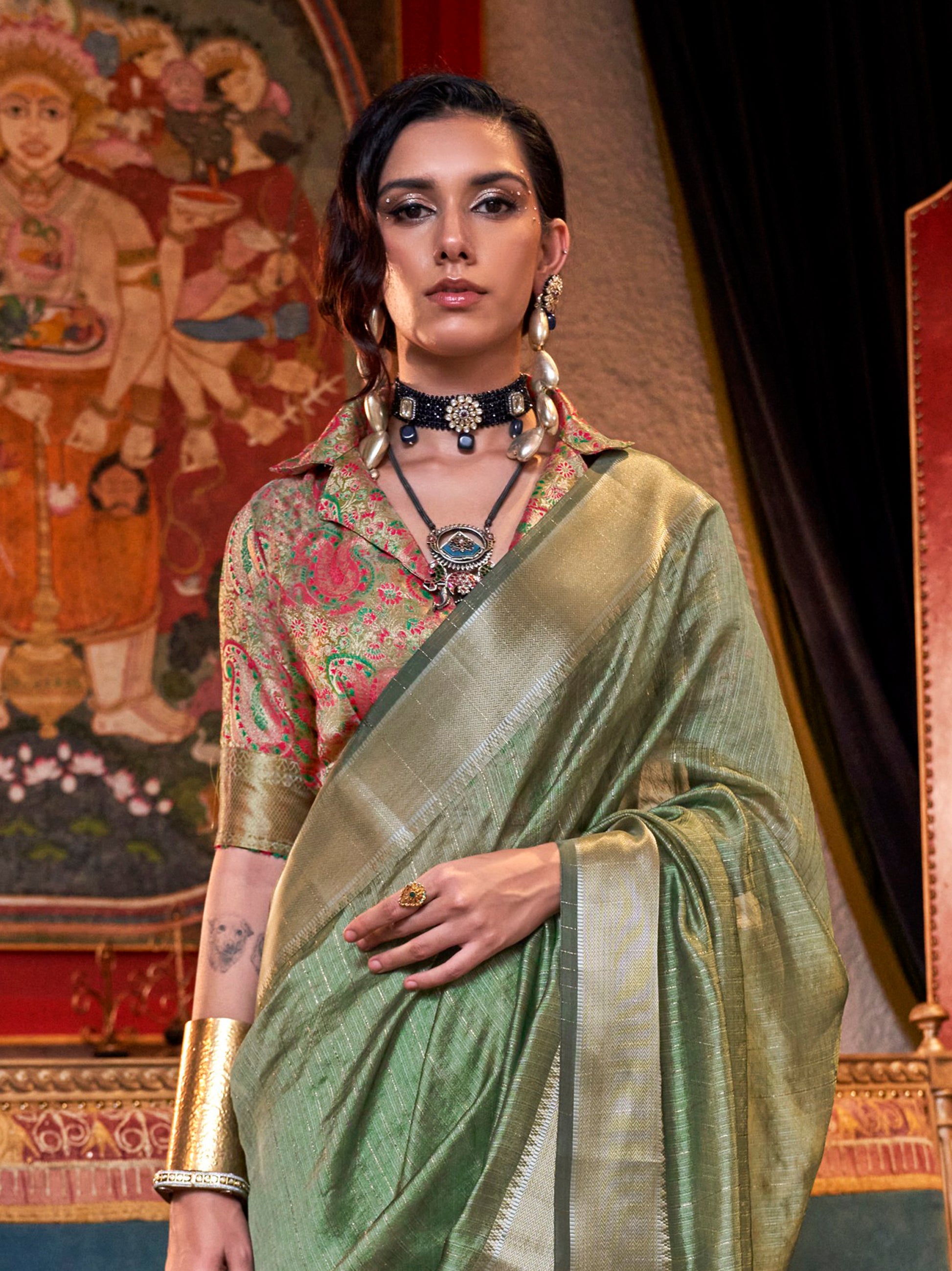 Incredible Olive Green Zari Weaving Chiffon Saree With Blouse