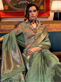 Incredible Olive Green Zari Weaving Chiffon Saree With Blouse