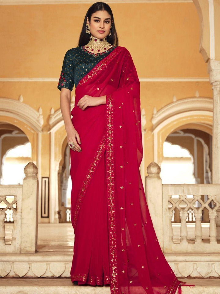 Attractive Red Sequins Work Chinon Party Wear Saree With Blouse