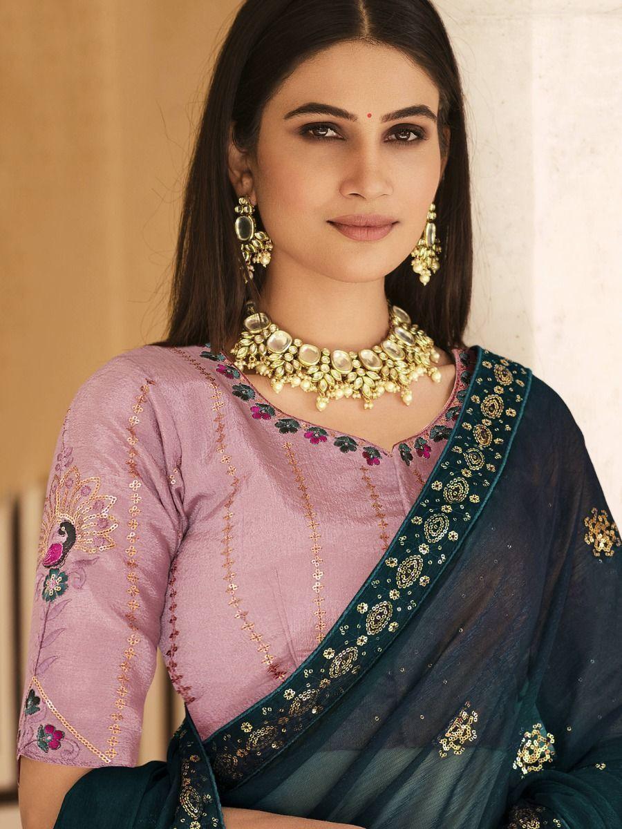Stunning Teal Blue Sequins Work Chinon Party Wear Saree With Blouse