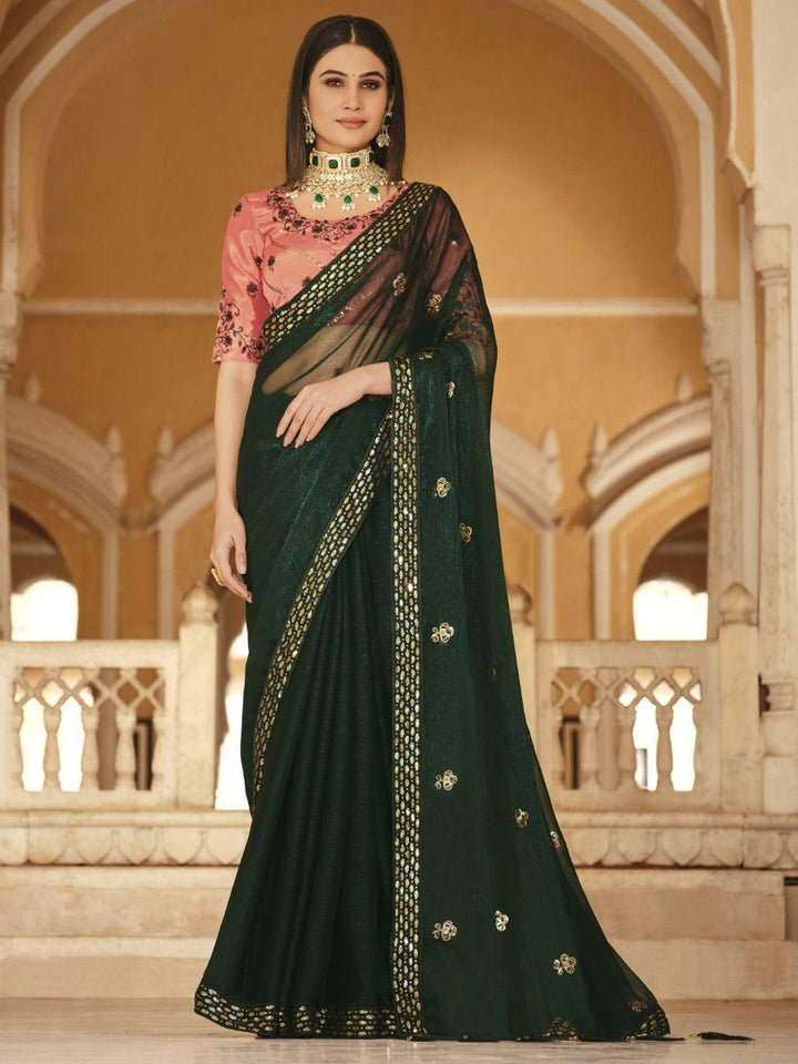 Gorgeous Green Sequins Chinon Festival Wear Saree With Blouse