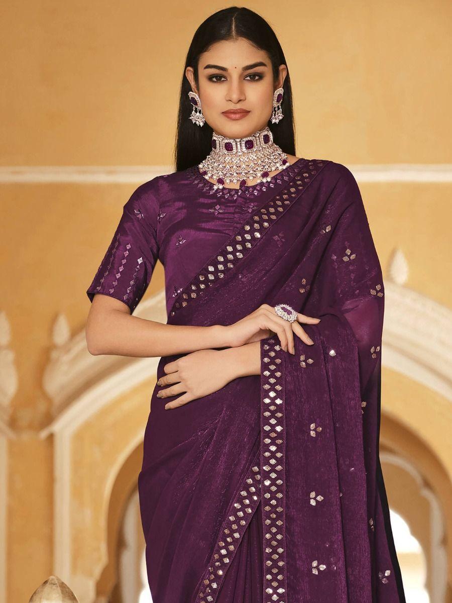 Appealing Purple Sequins Chinon Festiwal Wear Saree With Blouse