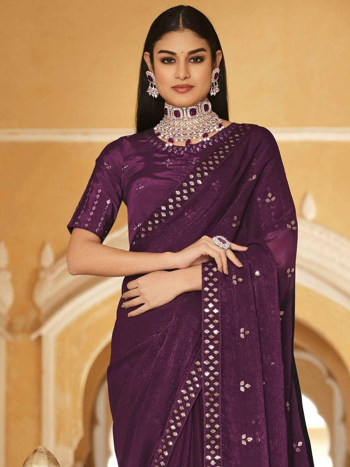 Appealing Purple Sequins Chinon Festiwal Wear Saree With Blouse