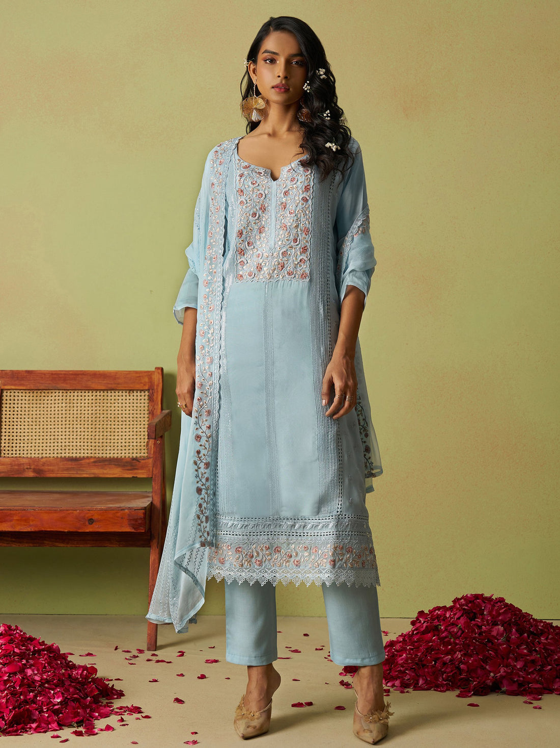 Alluring Dusty Blue Zardosi Work Organza Festive Wear Pant Suit